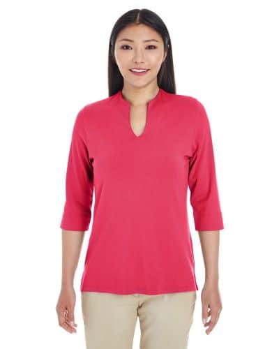 woman wearing 3/4-sleeve tailored blouse keyhole neckline coral red