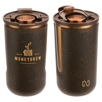 coffee tumbler made with used coffee grounds - front & back view