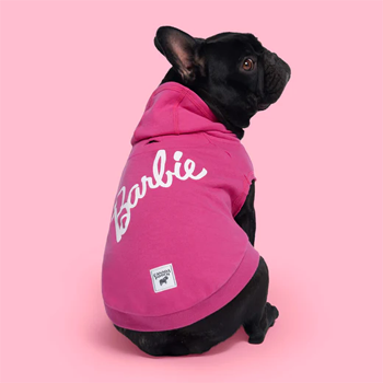 dog wearing pink Barbie dog hoodie