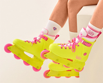 neon yellow Barbie branded rollerblades