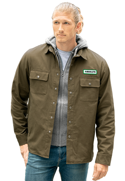 man wearing dark khaki canvas shacket shirt jacket