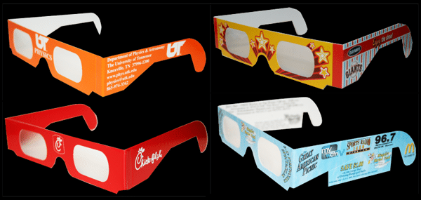 4 different custom branded 3D fireworks glasses by American Paper Optics