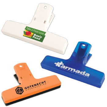 3 different KEEP-IT chip clips with company logos by Evans Mfg.