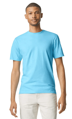 model wearing aqua Gildan 64000 Softstyle Adult T-shirt