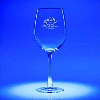 red wine glass by J.Charles etched with company logo on a blue background