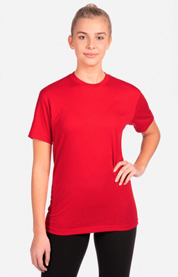 teen model wearing a red T-shirt