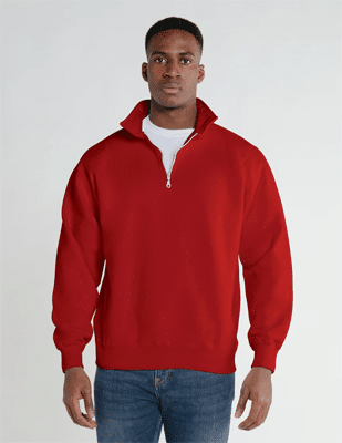 man wearing red quarter-zip Spirit Bear Zip Polo pullover sweatshirt by Redwood Classics