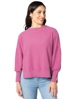 sleeves in women’s apparel. All three are on display in this Charles River Apparel berry pink Women’s Camden Spliced Crew Neck Sweatshirt with high-low hemline