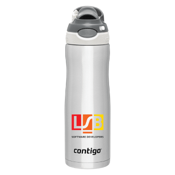 stainless steel Contigo water bottle with push-button spout