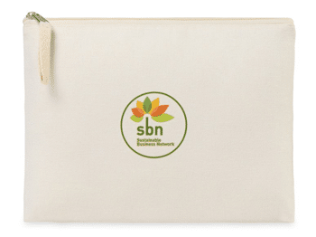 branded zipper pouch made from Aware traceable recycled cotton