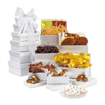 gourmet tower of treats in silver gift boxes