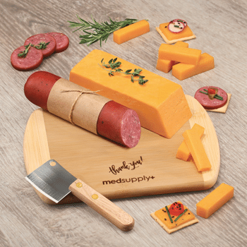 Maple Ridge Farms gluten-free Wisconsin Favorites gift set with summer sausage, cheese, and bamboo chopping board