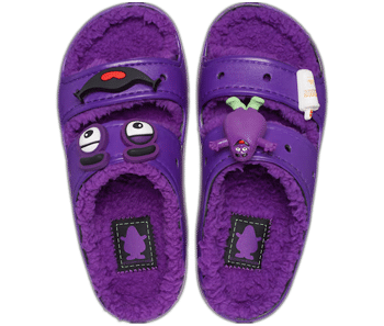 purple Grimace Crocs x McDonald's cozy sandals with charms