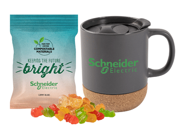 Branded Cork Bottom Mug with custom-printed compostable bag of Gummy Bears