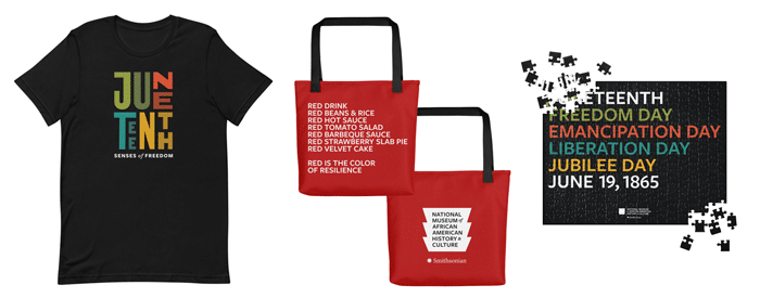 NMAAHC Juneteenth Collection pieces: T-shirt, red tote bag, puzzle