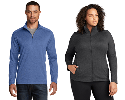 SanMar OGIO Pixel Quarter Zip in men's optic blue and women's blacktop - 400x