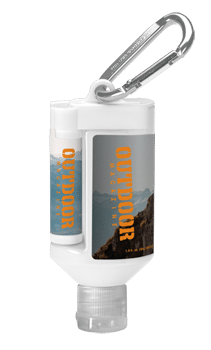 custom-label sunscreen and lip balm on carabiner