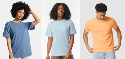 trio of models wearing blue and orange T-shirts