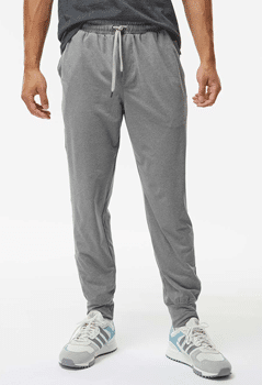 gray joggers with waist drawcord and ankle cuffs