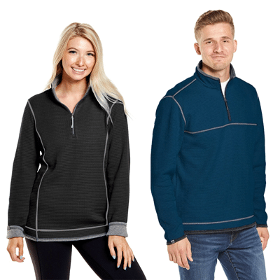 woman and man wearing waffle-weave Maverick quarter-zip pullovers