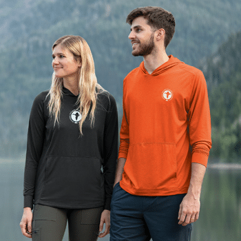 Vantage Earthwise Vansport Trek Hoodie made with recycled polyester and UPF 50+ on 2 models