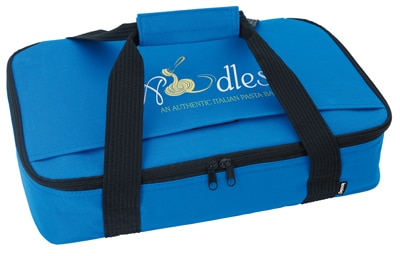 blue insulated casserole carrier with logo and handles