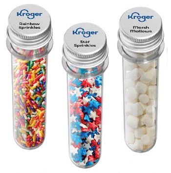 Dessert Sprinkles inreusable acrylic tubes, customized with logo on the lid