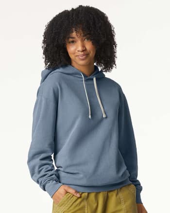 woman wearing blue-gray hoodie