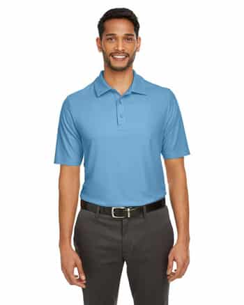 man wearing medium blue polo shirt