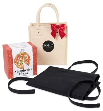 Pizza Palooza Gift Set with a brandable market tote, the dry ingredients to make 2 large pizzas plus a brandable cotton apron